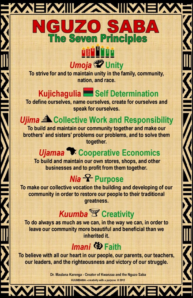 Nguzo Saba — The Seven Principles: Umoja (Unity), Kujichagulia (Self-Determination), Ujima (Collective Work and Responsibility), Ujamaa (Cooperative Economics), Nia (Purpose), Kuumba (Creativity), and Imani (Faith)